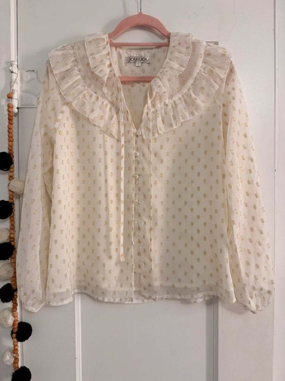 Joy Joy Gold Dot Ruffle Collar Blouse Size S